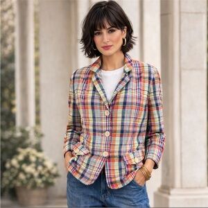 Talbots Women’s Madras Plaid Cotton-Flax Blazer Jacket Preppy Size 14 W